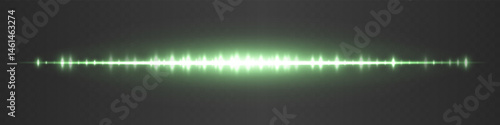 Green audio waveform with glowing peaks and reflection. Suitable for music background, podcast visual, sound analysis, digital equalizer, voice playback and tech audio interface.