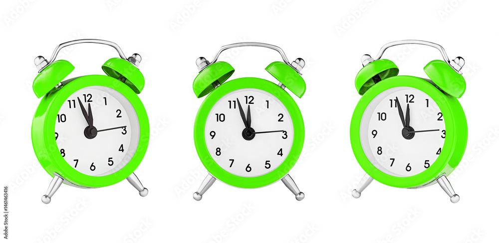 classic watch, pointer clock, green color alarm watch on isolated white background close up
