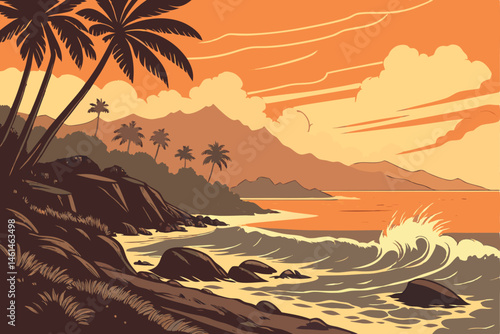 87 Tropical beach sunset, crashing waves, palm trees, dramatic orange sky, vibrant colors, distant mountains, rocky shoreline, sun reflection on water, detailed landscape, picturesque scenery, digital