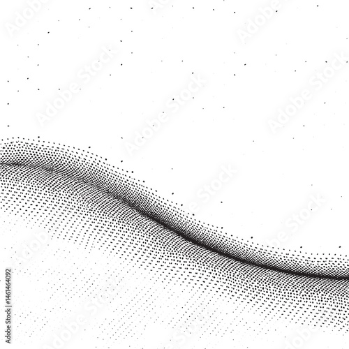 A dark flowing curve dominates the  punctuated by numerous small dots.