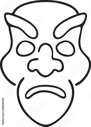 A black and white drawing depicts a sorrowful mask.
