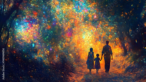 A family strolls through a vibrant, magical forest path.