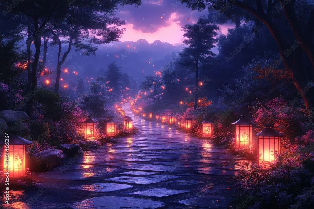 Obraz premium Path illuminated by warm lanterns, evening glow, trees, tranquil scene