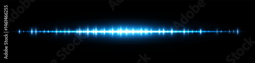Blue soundwave with glowing bars and mirror effect on black. Perfect for electronic audio interface, modern music visuals, voice recording design, signal transmission and digital media.