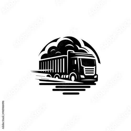 Striking black and white illustration of a robust dump truck showcasing industrial vehicle concept