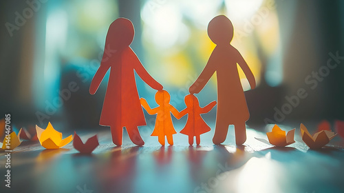 Paper cutouts of a family enjoying autumnal sunlight.