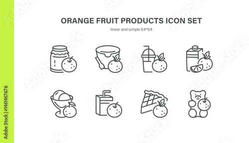 Orange Fruit Products Icon Set. Thin Line Illustrations of Marmalade Jars, Yogurt Cups, Smoothies, Juice Cartons, Ice Cream Desserts, Candies and Pie Slices for Citrus Confectionery Concepts
