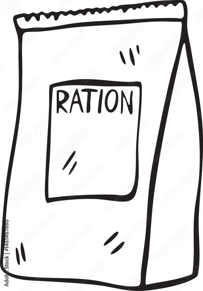A simple paper bag displays the word 'RATION'. A simple paper bag displays the word 'RATION'.