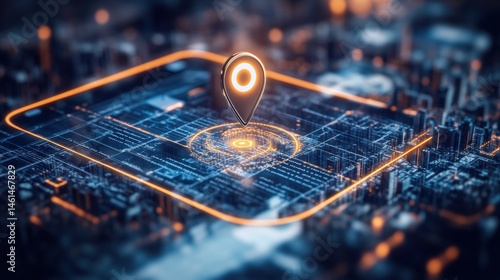 Wallpaper Mural Navigation pin hovers above illuminated futuristic city map with glowing circuits, representing location and technology integration point. Torontodigital.ca