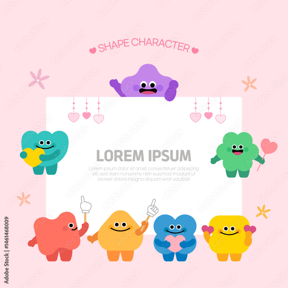 Fototapeta premium 하트와 미소로 사랑과 친절을 표현하는 도형 캐릭터들