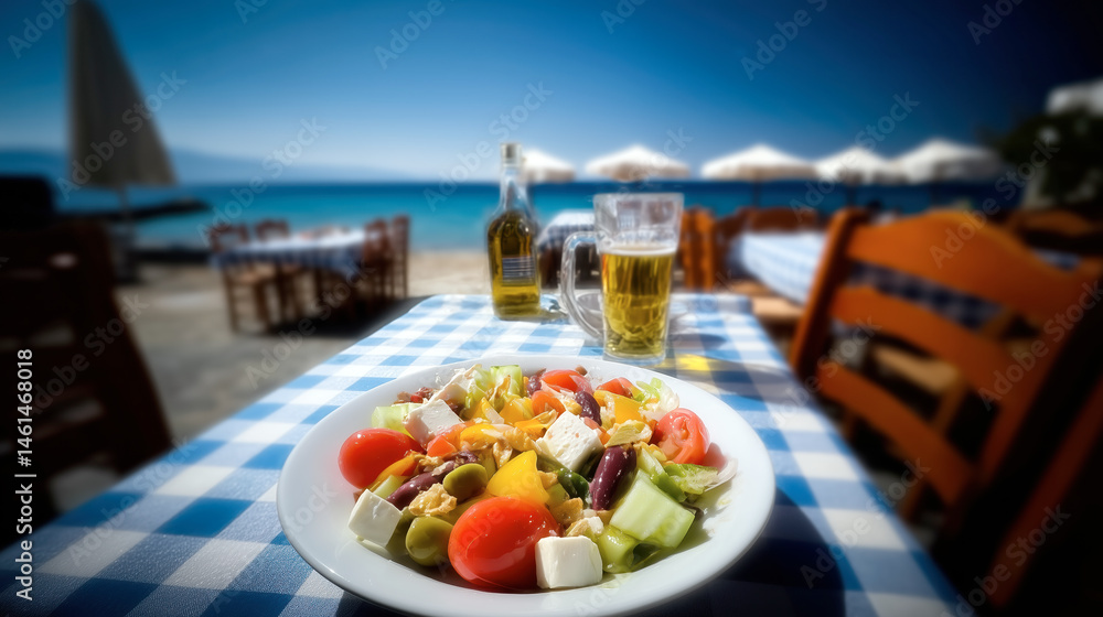 Fototapeta premium Greek salad with feta, cherry tomatoes, cucumbers, olives and peppers, served on a plate on a table in a beach restaurant, with a blue checkered tablecloth, sea and umbrellas in the background