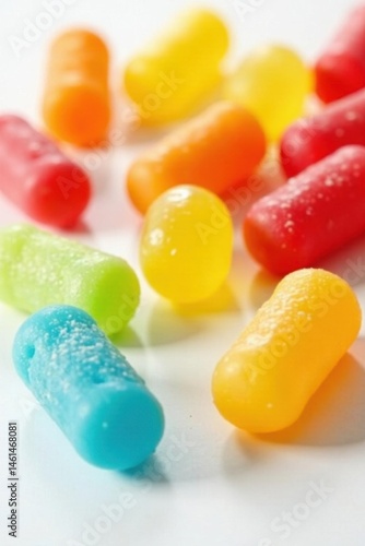 Vibrant jelly candies, assorted colors, white backdrop, jellies, delicious, colorful