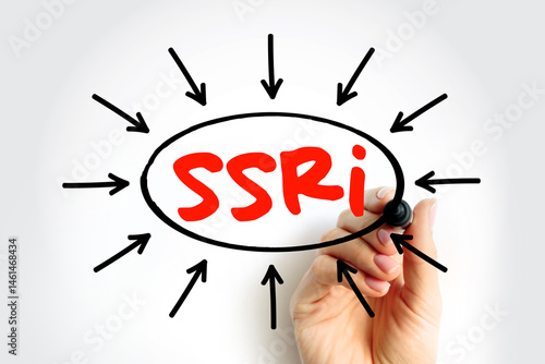 SSRI Selective Serotonin Reuptake Inhibitor - class of drugs that are typically used as antidepressants in the treatment of major depressive disorders, acronym text with arrows