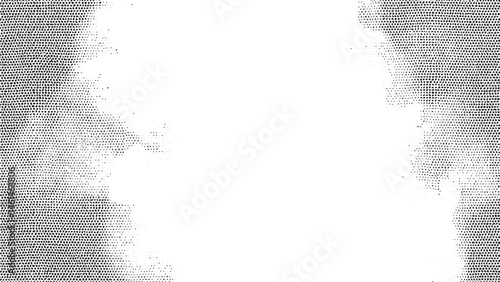 A grayscale portrait focuses on a woman's face partially obscured by textured white noise.