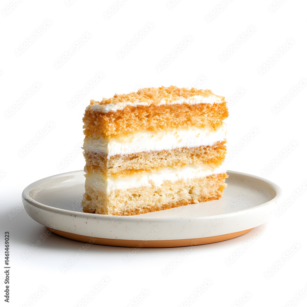 Slice of Cake on plate, side view, isolated on white background Slice of Cake on plate, side view, isolated on white background
