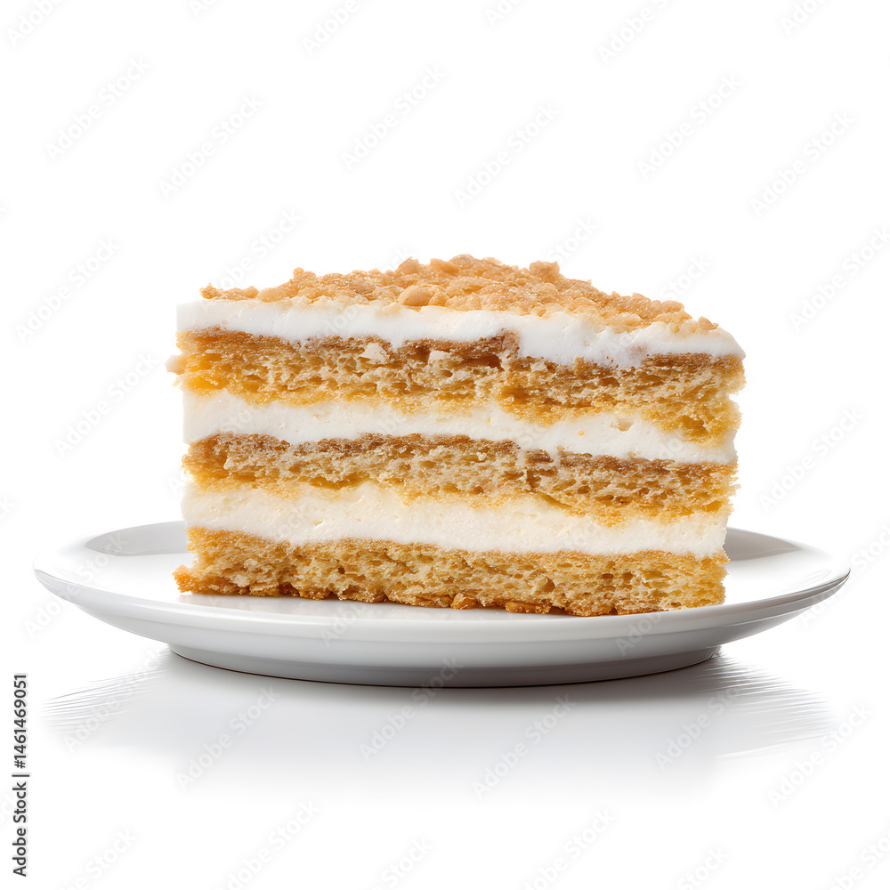 Slice of Cake on plate, side view, isolated on white background Slice of Cake on plate, side view, isolated on white background