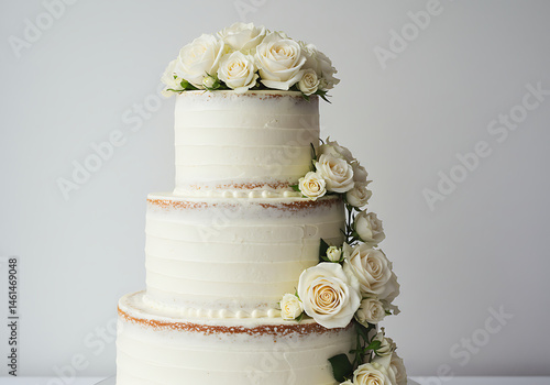 Elegant White Wedding Cake with Roses: Three-Tiered Naked Cake Design