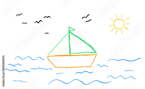 Cute childish illustration of a sailboat at sea, drawn with color charcoal wax texture on white. Baby style art featuring birds, sun, and waves in a simple childlike in kindergarden drawing. Vector