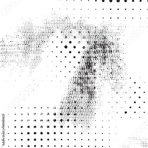 A fragmented black and white portrait emerges from a dense field of scattered dots.