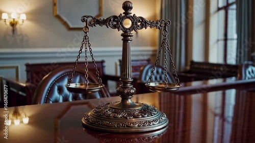 Elegant bronze scales of justice in luxurious wooden courtroom with reflected light