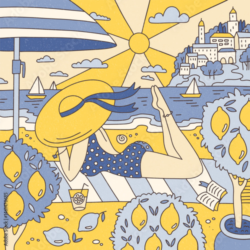 Girl sunbathing on the beach surrounded by lemon trees on the shore of the Mediterranean Sea in the style of trippy doodle. Vintage summer vibe. Flat hand drawn vector illustration.