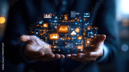 Person presenting illuminated holographic display of data icons representing cloud computing and digital solutions in the palm of their hands.