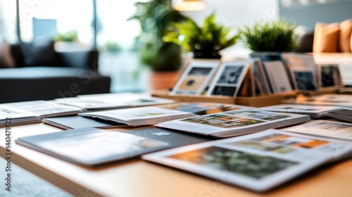An assortment of printed marketing materials are displayed on a wooden table in a bright and modern office interior space for review purposes.