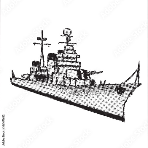 A stylized black and white depicts a large warship with detailed superstructure.