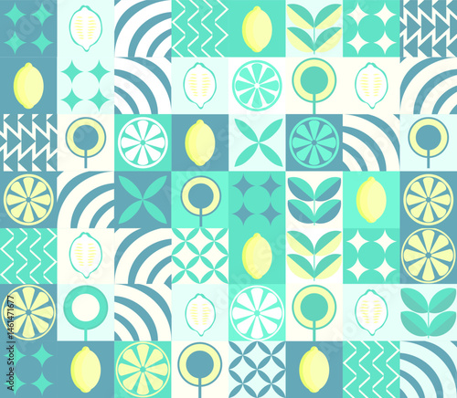 Lemon minimalistic geometric background. Vector abstract style pattern. Bauhaus trend. Abstract illustration of lemon, leaves, symbols. Simple icon.	
