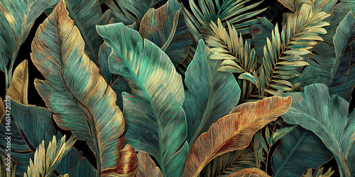 Wallpaper Mural Detailed image of teal and gold tropical leaves, showcasing intricate texture and pattern, representative of lush nature and exotic elegance, ideal for design projects Torontodigital.ca