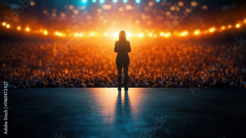 Silhouette of a confident woman standing on stage giving a speech to a large ence under bright stage lights du a conference or event.