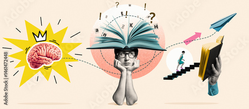 Creative collage including various elements: brain with crown, head with open book, career ladder.