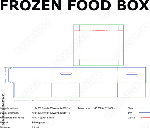 Blueprint Of A Frozen Food Box With Dimensions For Packaging Design