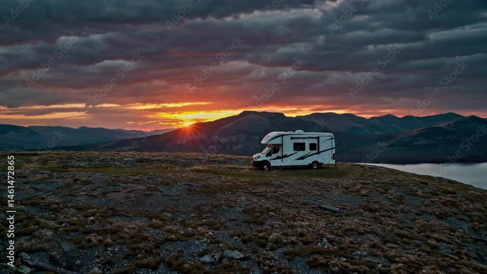 Dramatic sunset journey: rv adventure in mountain wilderness Dramatic sunset journey: rv adventure in mountain wilderness