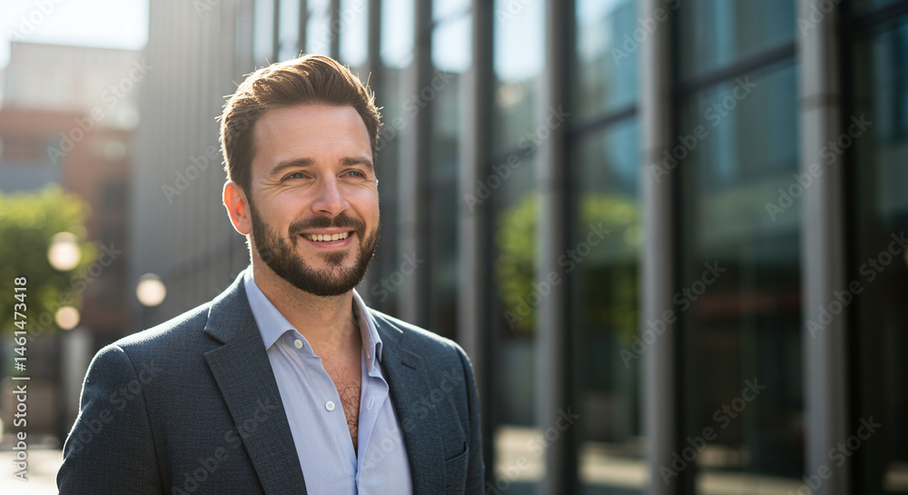 Confident man smiling in business attire against urban backdrop Confident man smiling in business attire against urban backdrop