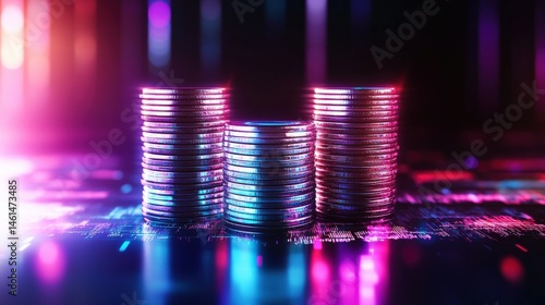 Three stacks of silver coins stand on a reflective surface illuminated by neon lights suggesting modern finance and digital currency concepts.