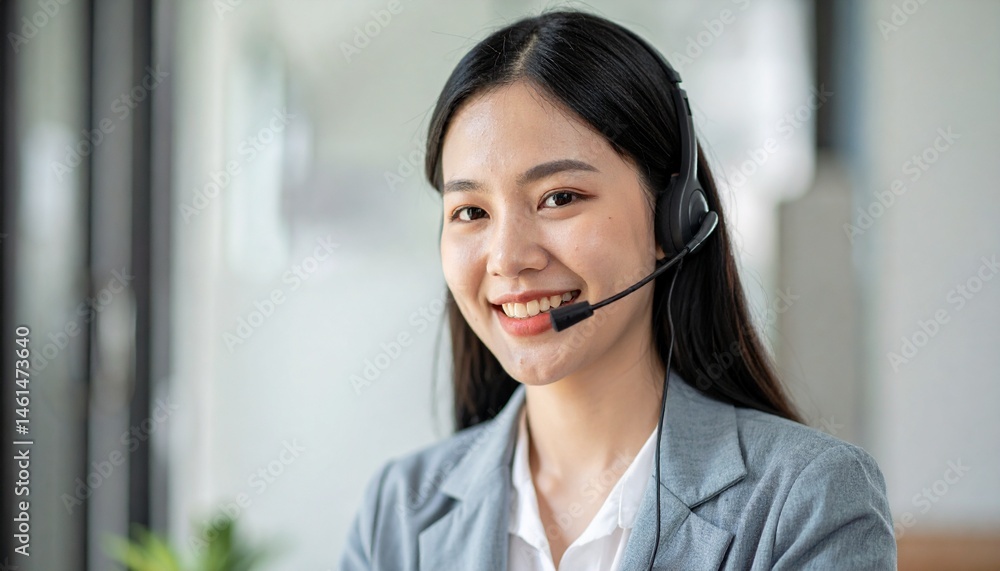 A vibrant and professional American customer care representative is seen smiling warmly while wearing a sleek headset in a modern office setting. A vibrant and professional American customer care representative is seen smiling warmly while wearing a sleek headset in a modern office setting.