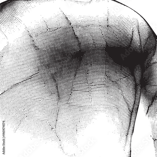 A textured monochrome close-up reveals a partial human face with intricate dot