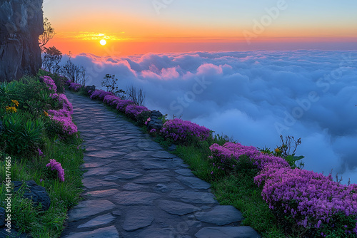 Scenic Mountain Path Above Clouds at Sunset with Vibrant Flowers and Stone Walkway