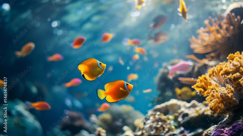 Naklejka premium Vibrant Tropical Fish Swimming in Clear Underwater Scene