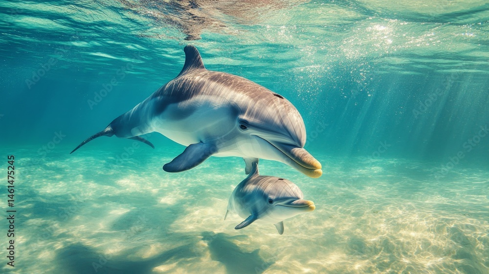 Fototapeta premium Touching Moment of Mother Dolphin Swimming with Her Calf
