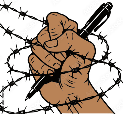 Barbed Wire Wrapped Hand Holding Pen Vector – Symbol of Silenced Press, Suppressed Free Speech and Journalistic Freedom under Threat , free press , freedom of speech , democracy