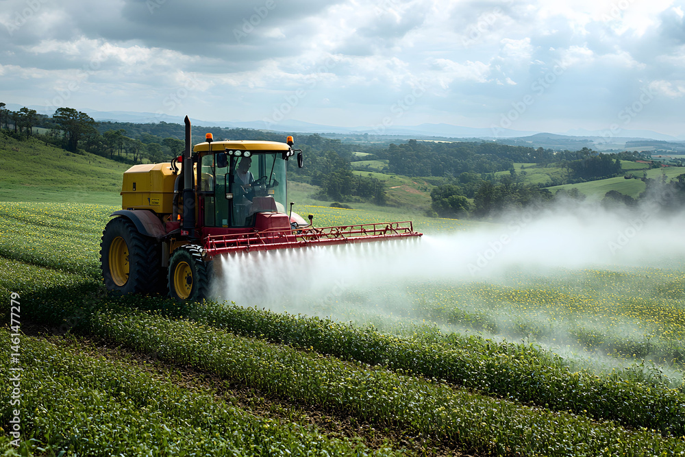 Fototapeta premium Agricultural Machinery in Action: Tractor Spraying Fertilizer on Verdant Field for Enhanced Crop Yield