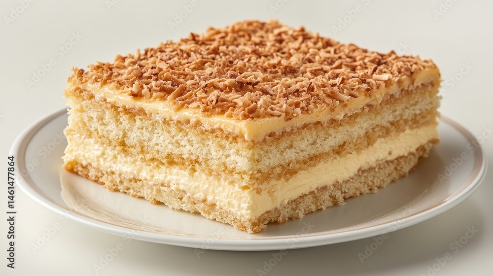 Slice of Delicious Coconut Cake Layered with Rich Cream Filling and Toasted Flakes on White Plate Slice of Delicious Coconut Cake Layered with Rich Cream Filling and Toasted Flakes on White Plate