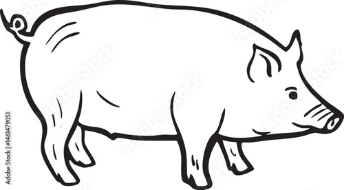 A solitary pig stands attentively in a field.