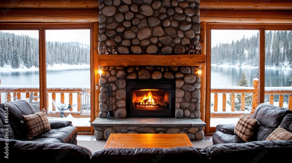 Fototapeta premium Cozy Mountain Lodge Living Room with Stone Fireplace and Winter Lake View Through Large Windows