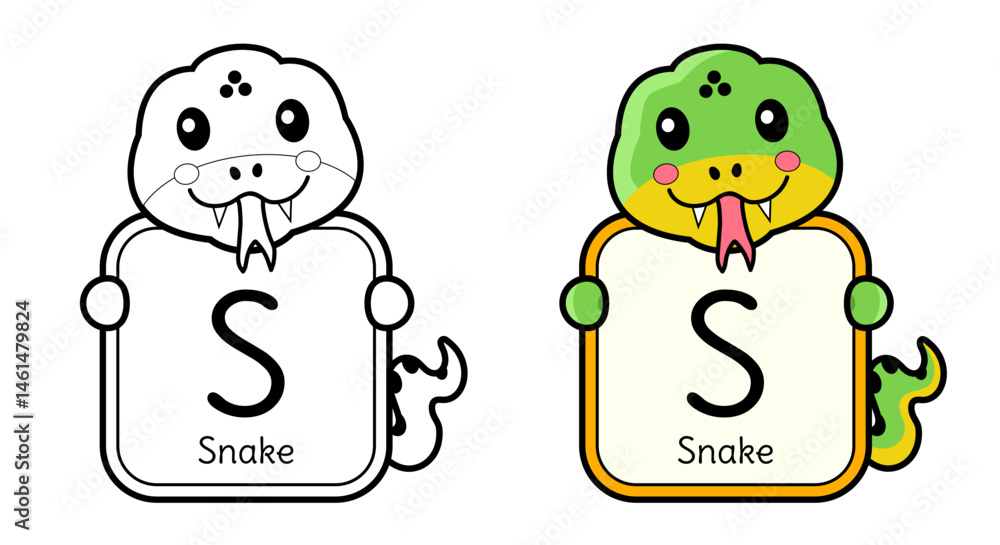 Fototapeta premium Animal Coloring with A Friendly Cartoon Snake with Letter S