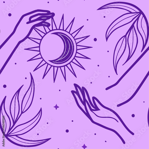 Hands Holding Sun Seamless Pattern Esoteric Solar Power Design