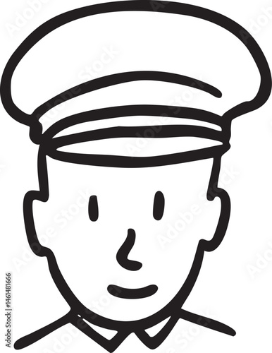 A simple black and white of a man wearing a peaked cap.