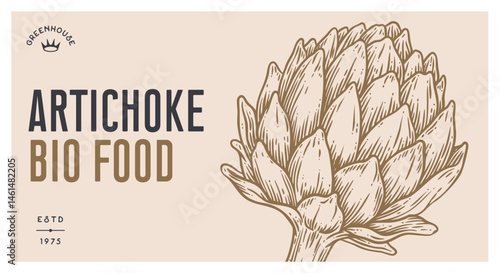 Artichoke, vegetable. Tag, label, sign, vintage retro print, black white artichoke drawing, sketch ink pencil draw, engrave old school style. Sketch artwork silhouette artichoke. Illustration